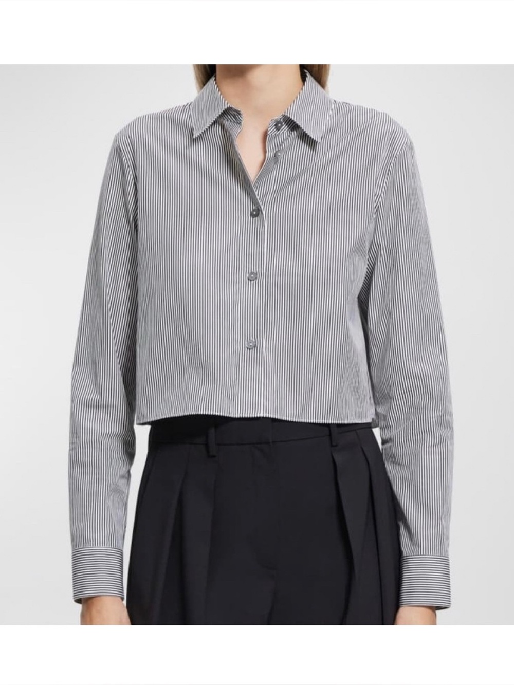 Theory Charcoal Multi Striped Cotton Cropped Button Front Down Shirt Size L NWT!